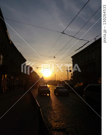 Evening Sunset on a Cobblestone Street in Lviv 130264535