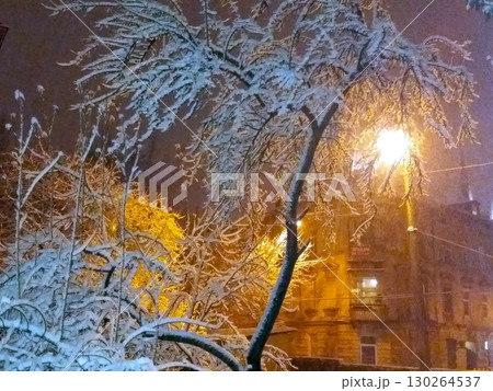 Snowy Evening Transforms City Streets Into a Winter Wonderland With Glowing Streetlights 130264537