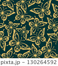 seamless pattern of golden contours of butterflies on a blue background, texture, design 130264592