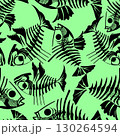 seamless pattern of black graphic fish skeletons on a green background, texture, design 130264594