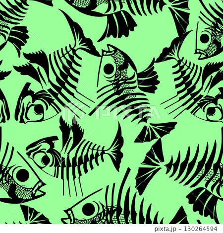 seamless pattern of black graphic fish skeletons on a green background, texture, design seamless pattern of black graphic fish skeletons on a green background, texture, design 130264594