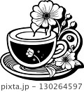 black graphic drawing of a cup of coffee and a flower, decorative element, logo, design 130264597