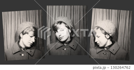 A set of vintage portraits of a beautiful young woman in a hat in profile and half-turn. Retro photographs from 1967. 130264762