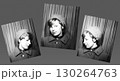 A set of vintage portraits of a beautiful young woman in a hat in profile and half-turn. Retro photographs from 1967. 130264763