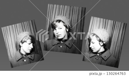 A set of vintage portraits of a beautiful young woman in a hat in profile and half-turn. Retro photographs from 1967. A set of vintage portraits of a beautiful young woman in a hat in profile and half-turn. Retro photographs from 1967. 130264763
