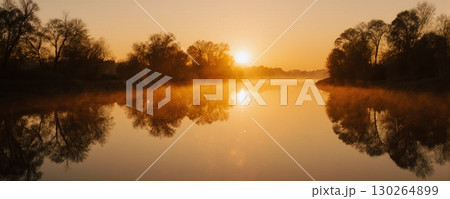 Misty autumn trees reflect in calm lake with vibrant orange leaves - ai generated 130264899
