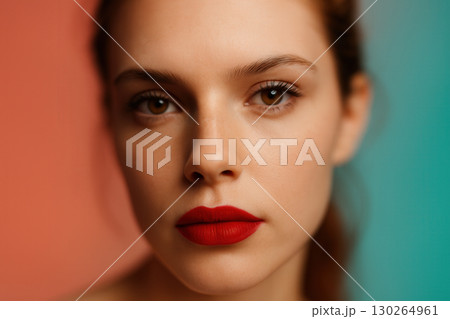 Elegant Beauty Portrait With Red Lipstick On Dual-Tone Background 130264961