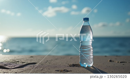 A bottle of freshwater before the vast saltwater ocean, costly drinking water - ai generated 130265020