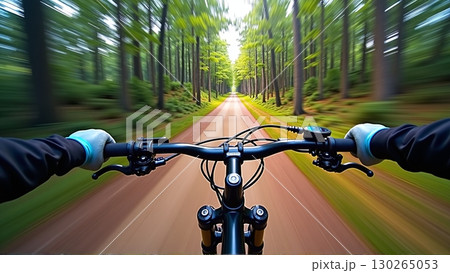 Race down the forest trail, gripping the handlebars, trees blur passing by - ai generated 130265053