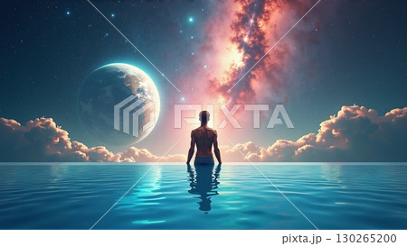 A person sits by water gazing at planets and stars above - ai generated 130265200