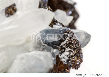 Macro mineral stone Drusus quartz with sphalerite in the rock a white background 130265480