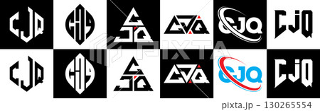 CJQ letter logo design in six style. CJQ polygon, circle, triangle, hexagon, flat and simple style with black and white color variation letter logo set in one artboard. CJQ minimalist and classic logo 130265554