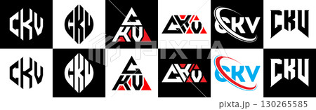 CKV letter logo design in six style. CKV polygon, circle, triangle, hexagon, flat and simple style with black and white color variation letter logo set in one artboard. CKV minimalist and classic logo 130265585