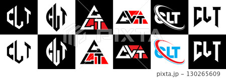 CLT letter logo design in six style. CLT polygon, circle, triangle, hexagon, flat and simple style with black and white color variation letter logo set in one artboard. CLT minimalist and classic logo 130265609