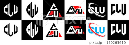 CLU letter logo design in six style. CLU polygon, circle, triangle, hexagon, flat and simple style with black and white color variation letter logo set in one artboard. CLU minimalist and classic logo 130265610