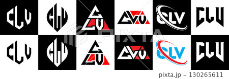 CLV letter logo design in six style. CLV polygon, circle, triangle, hexagon, flat and simple style with black and white color variation letter logo set in one artboard. CLV minimalist and classic logo 130265611