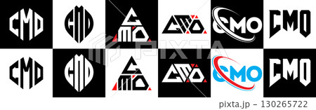 CMO letter logo design in six style. CMO polygon, circle, triangle, hexagon, flat and simple style with black and white color variation letter logo set in one artboard. CMO minimalist and classic logo 130265722
