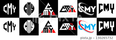 CMY letter logo design in six style. CMY polygon, circle, triangle, hexagon, flat and simple style with black and white color variation letter logo set in one artboard. CMY minimalist and classic logo 130265732
