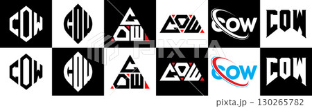 COW letter logo design in six style. COW polygon, circle, triangle, hexagon, flat and simple style with black and white color variation letter logo set in one artboard. COW minimalist and classic logo 130265782
