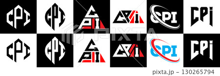 CPI letter logo design in six style. CPI polygon, circle, triangle, hexagon, flat and simple style with black and white color variation letter logo set in one artboard. CPI minimalist and classic logo 130265794