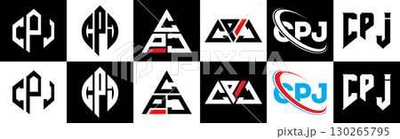 CPJ letter logo design in six style. CPJ polygon, circle, triangle, hexagon, flat and simple style with black and white color variation letter logo set in one artboard. CPJ minimalist and classic logo 130265795