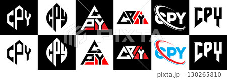 CPY letter logo design in six style. CPY polygon, circle, triangle, hexagon, flat and simple style with black and white color variation letter logo set in one artboard. CPY minimalist and classic logo 130265810