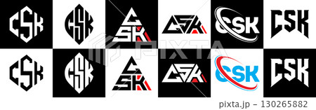 CSK letter logo design in six style. CSK polygon, circle, triangle, hexagon, flat and simple style with black and white color variation letter logo set in one artboard. CSK minimalist and classic logo 130265882