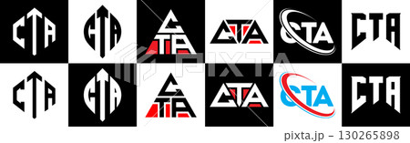 CTA letter logo design in six style. CTA polygon, circle, triangle, hexagon, flat and simple style with black and white color variation letter logo set in one artboard. CTA minimalist and classic logo 130265898