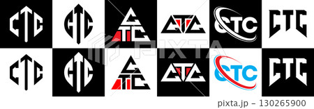 CTC letter logo design in six style. CTC polygon, circle, triangle, hexagon, flat and simple style with black and white color variation letter logo set in one artboard. CTC minimalist and classic logo 130265900