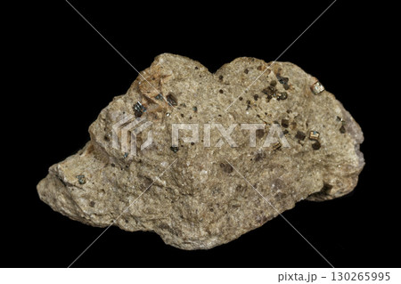 Macro mineral stone Pyrite on a black background 130265995