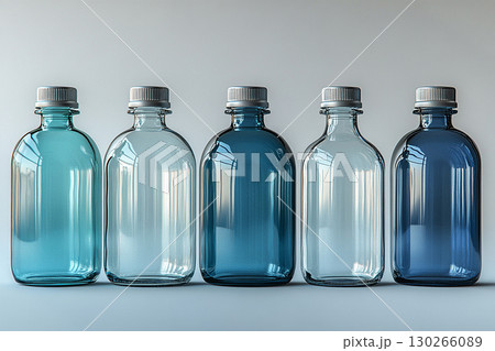 Product focused. Basic cleaning tools. Disinfectant glass bottles in a row. Mockup for branding cleaning product. 130266089