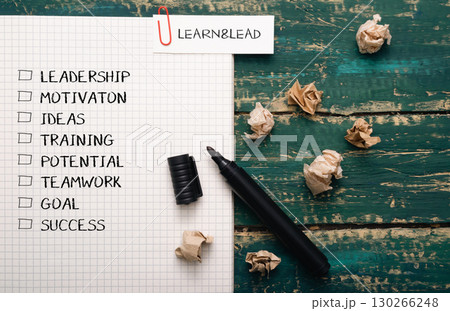 Piece of paper with a list of words on it, including leadership, motivation Piece of paper with a list of words on it, including leadership, motivation 130266248