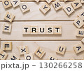 Wooden board with a word written in black letters on it 130266258