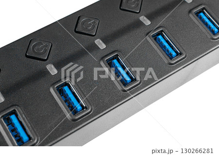 USB 3.0 7-Port Hub with Power Buttons on White Background 130266281