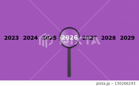 Lens, magnifying glass focusing on the year 2026 on a Purple background. Financial or stock market strategies and past and future events. Lens, magnifying glass focusing on the year 2026 on a Purple background. Financial or stock market strategies and past and future events. 130266293