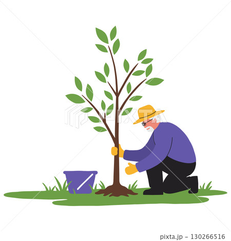 Senior man planting young tree for greener future, eco planting for new life Senior man planting young tree for greener future, eco planting for new life 130266516