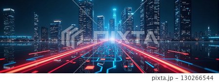 Futuristic city skyline with glowing blue lights and busy highways - ai generated 130266544