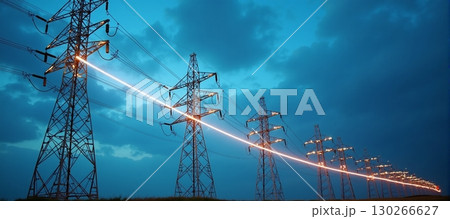Power lines glow and stretch across a blue evening sky - ai generated 130266627