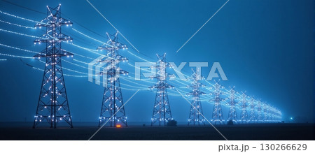Power lines glow and stretch across a blue evening sky - ai generated 130266629