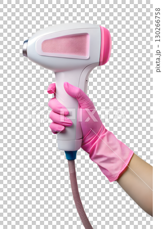 Pink laser hair removal device held by gloved hand, dermatology tool isolated on transparent background 130266758