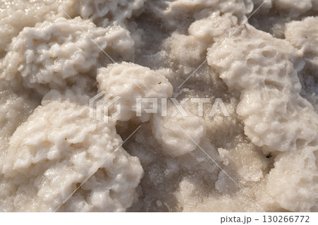 Close-up of naturally crystallized salt on the ground at the shore of a salt lake. Close-up of naturally crystallized salt on the ground at the shore of a salt lake. 130266772