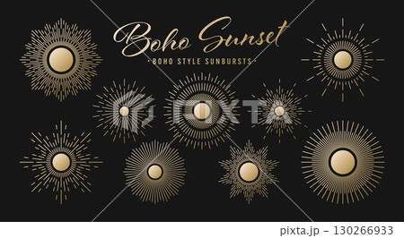 Vintage golden sunburst, sunset beams collection. Boho style, modern minimalist bohemian design. Hand drawn bursting sun, light rays. Logotype or lettering retro design element. Vector illustration Vintage golden sunburst, sunset beams collection. Boho style, modern minimalist bohemian design. Hand drawn bursting sun, light rays. Logotype or lettering retro design element. Vector illustration 130266933