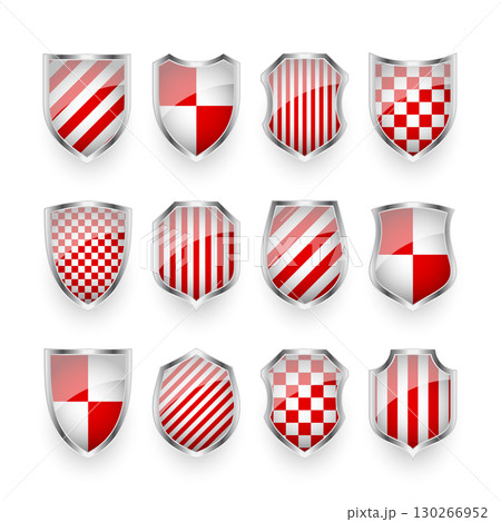 Glossy shields with red and black white. Security and protection concept. Cyber safety icons, internet privacy, web defense, digital data protection and antivirus themes. Vector illustration 130266952
