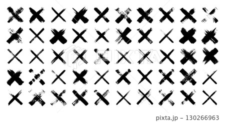Grunge crosses, brush strokes, x mark, lines, ink smudges, hand-drawn scribble shapes. Handmade sketchy marks, acrylic stains, charcoal streaks. Paint textures, dry brush effect. Vector illustration 130266963