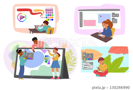 Inspired school children learning graphic art design drawing with digital tablet cartoon scene 130266990