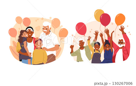 Happy family celebrating grandparents day with balloons and confetti rain isolated cartoon scene set Happy family celebrating grandparents day with balloons and confetti rain isolated cartoon scene set 130267006