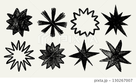 Crayon star set with bold sketch texture in black, hand drawn spiky and abstract star shapes in playful chalk style. Crayon star illustration with sketch texture. Perfect for stickers, posters, prints Crayon star set with bold sketch texture in black, hand drawn spiky and abstract star shapes in playful chalk style. Crayon star illustration with sketch texture. Perfect for stickers, posters, prints 130267007