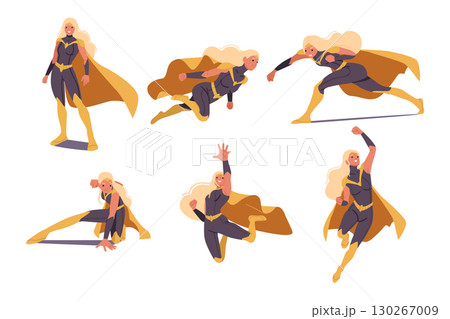 Beautiful woman superhero cartoon character in different poses isolated set on white background 130267009