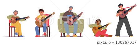 Talented people guitarists cartoon characters playing guitar music instrument set isolated on white Talented people guitarists cartoon characters playing guitar music instrument set isolated on white 130267017