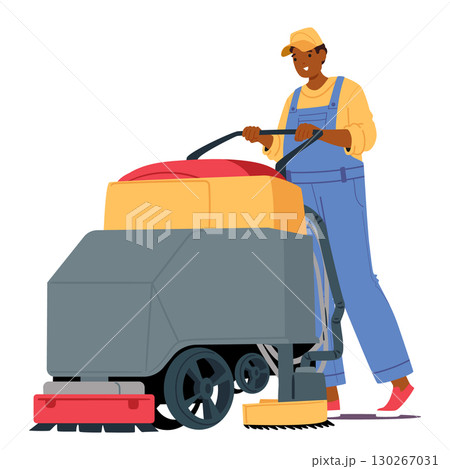 Man cleaning service professional worker cartoon character in uniform working with floor scrubber 130267031